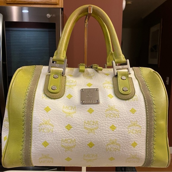 MCM Handbags - MCM Lime Green & White Visetos Boston Bag, EUC